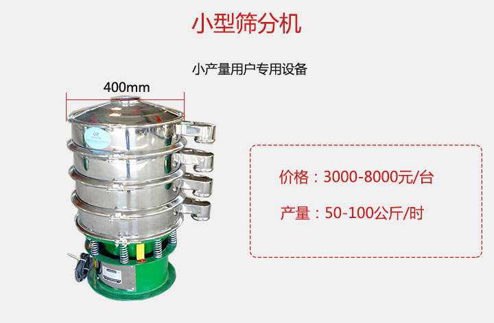 小型篩分機產(chǎn)量可達100公斤/時，價格3000元起。
