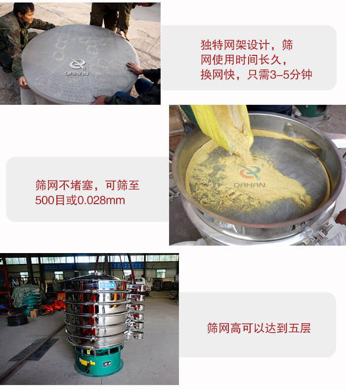 三次元振動篩的特點：篩網使用時間長換讓時間短，篩網不堵塞，可篩至500目或0.028mm。