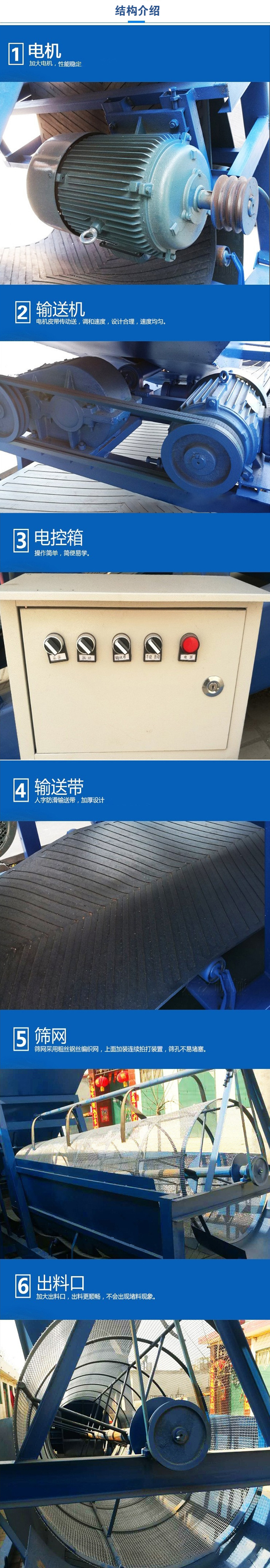 移動篩沙機結構:電機，加大電機，性能相對比較穩(wěn)定。輸送機：電機皮帶傳動送，調和速度，設計合理，速度均勻。電控箱：操作簡單，簡便易學。輸送帶：人字防滑輸送帶，加厚設計。篩網(wǎng)，采用粗絲鋼絲編織而成的篩網(wǎng)，上面加裝連續(xù)拍打裝置，篩孔不易堵塞。出料口：加大出料口，出料更順暢，不會出現(xiàn)堵料現(xiàn)象。
