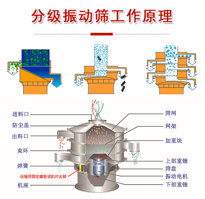 分級振動篩內部結構：進料口，防塵蓋，出料口，束環，彈簧，機座，篩網，網架，上部重錘，振動電機，下部重錘。